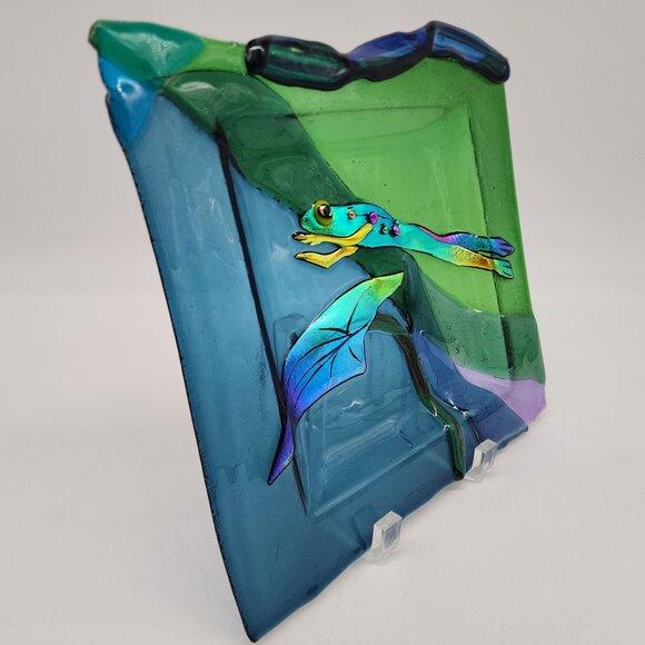 Handmade Fused Glass Plate Iridescent Colorful Frog Leaf Design Christine Moody - Picture 3 of 12